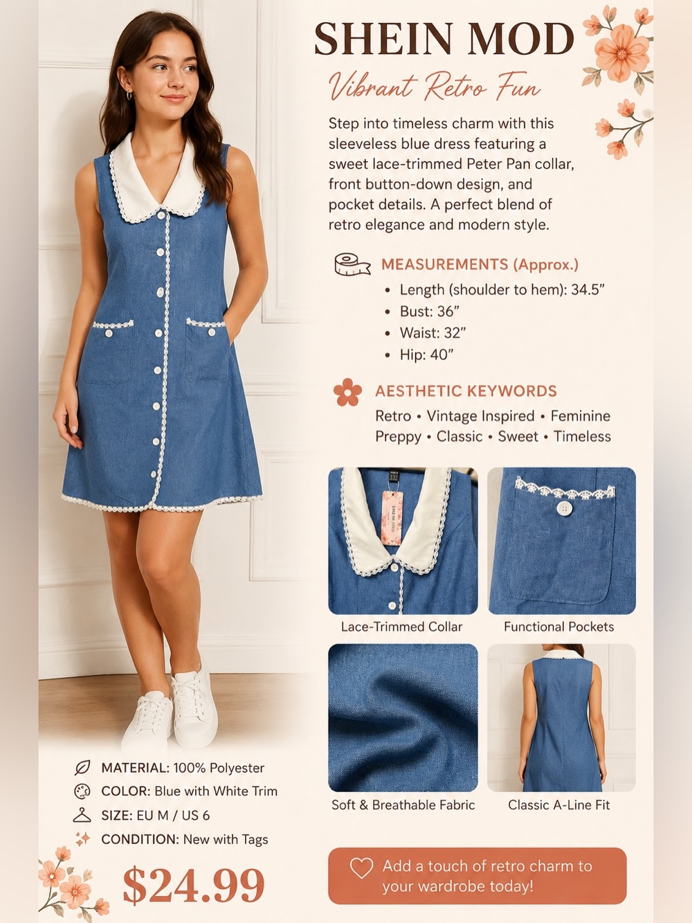 SHEIN Blue Sleeveless Dress with White Peter Pan Collar - Picture 1 of 8